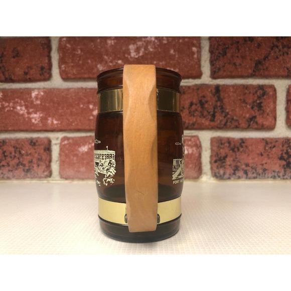 Mackinaw City Michigan Amber Glass Wooden Handle Beer Mug Collectible Souvenir - Picture 4 of 6